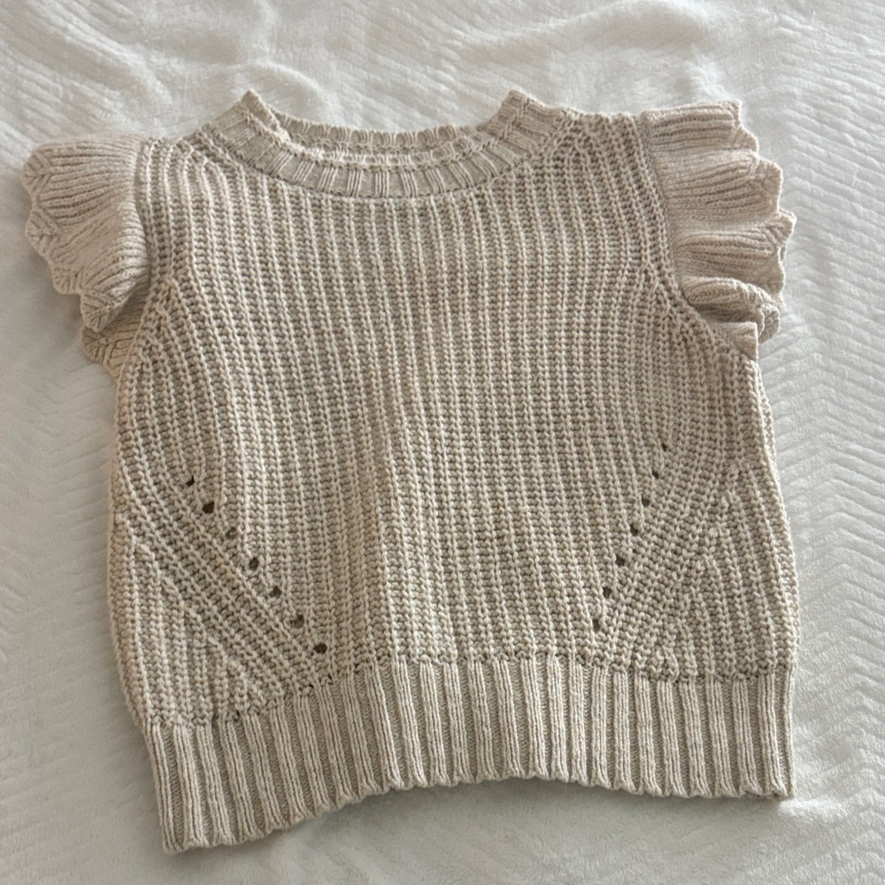 Elegant Beige Knit Sweater with Ruffle Sleeves